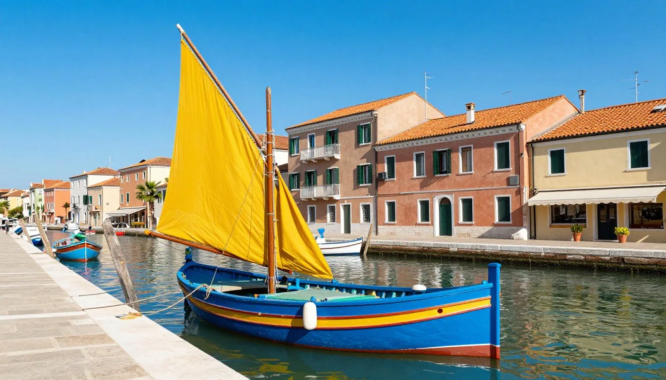 Colorful traditional fishing boats moored along Leonardo da Vinci's historic canal port in Cesenatico Italy with waterfront buildings