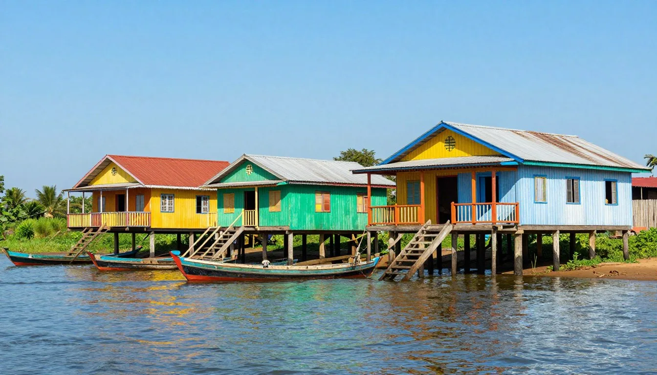 Colorful traditional stilt houses along Porto-Novo lagoon waterfront with local boats