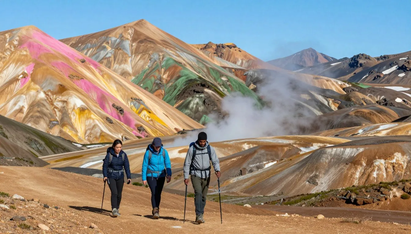 Colourful rhyolite mountains of Landmannalaugar with hikers on trail