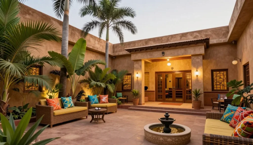 Comfortable hotel courtyard in Ouagadougou with tropical plants, seating area, and traditional West African architectural details Comfortable hotel courtyard in Ouagadougou with tropical plants, seating area, and traditional West African architectural details