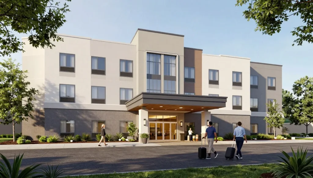Comfortable hotel exterior in North Raleigh near Durant Nature Preserve Comfortable hotel exterior in North Raleigh near Durant Nature Preserve