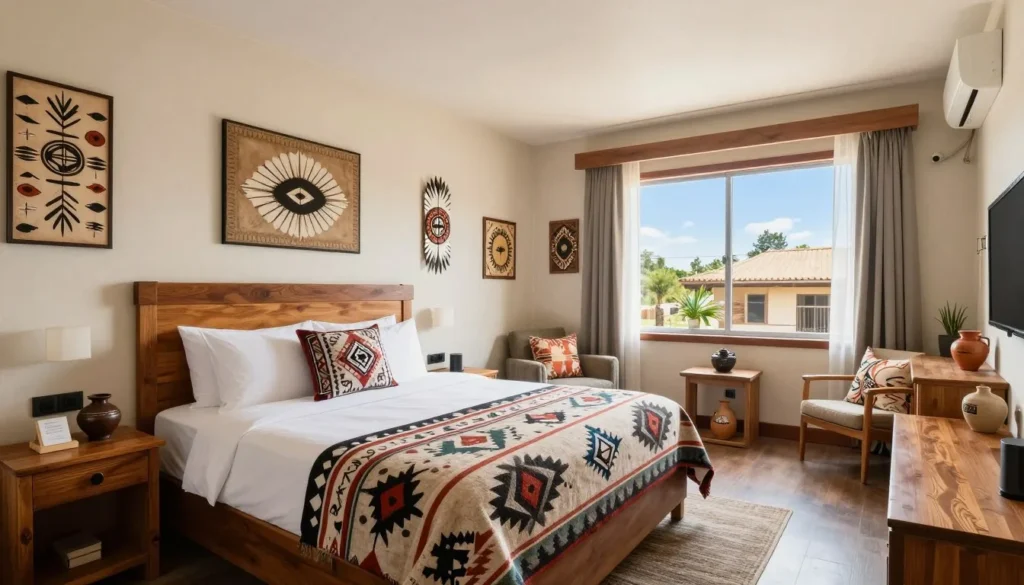 Comfortable hotel room interior with Southwestern Native American design elements Comfortable hotel room interior with Southwestern Native American design elements