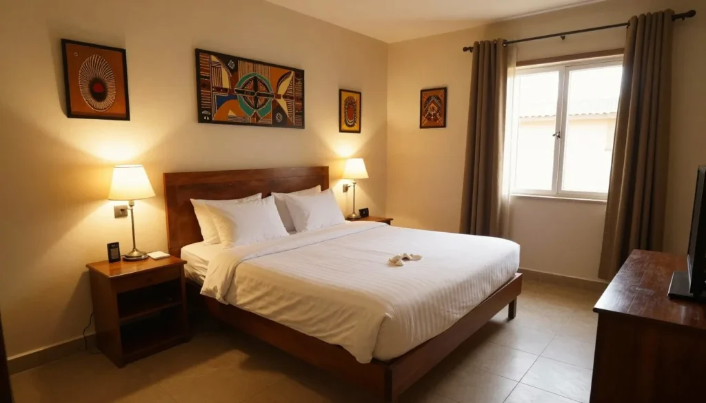 Comfortable hotel room interior with local decor