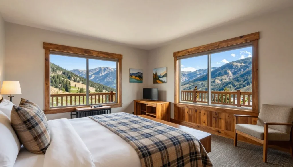 Comfortable hotel room interior with mountain lodge decor and modern amenities Comfortable hotel room interior with mountain lodge decor and modern amenities