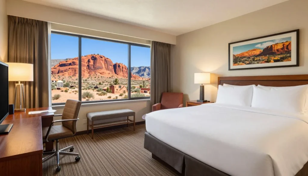 Comfortable hotel room with Utah desert view