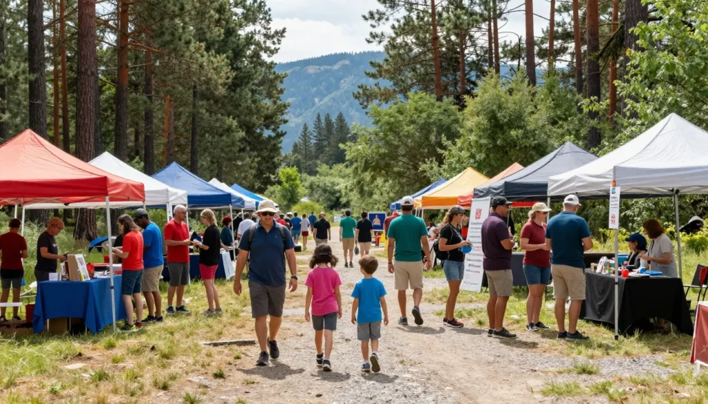 Community outdoor festival celebration in mountain setting