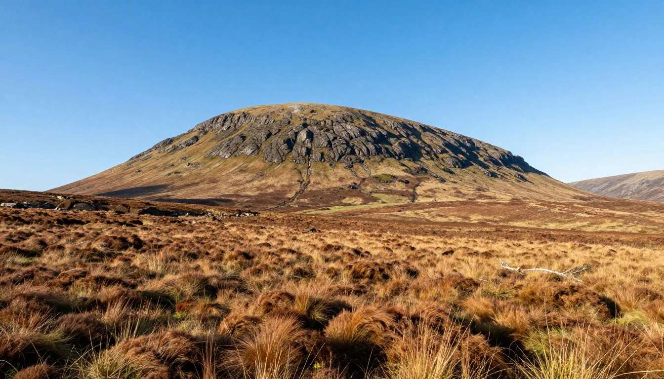 Connemara National Park landscape with Diamond Hill mountain and blanket bog in foreground under blue sky