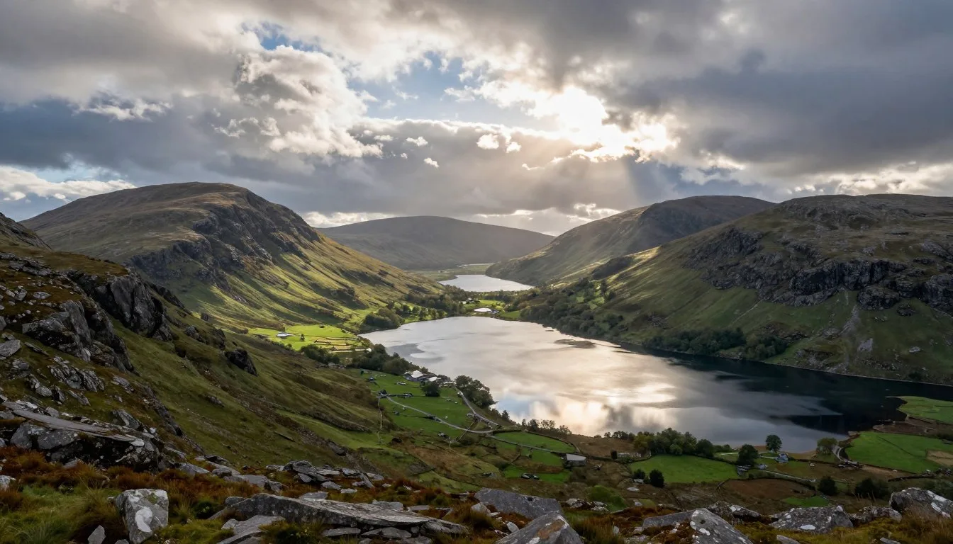 Connemara landscape with mountains and lakes under dramatic sky