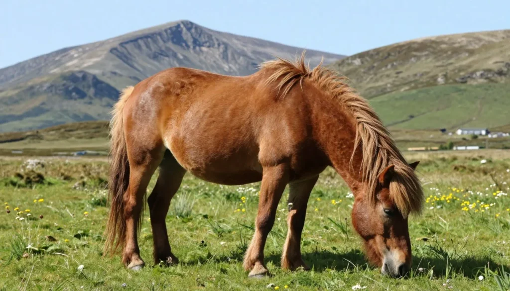 Connemara pony grazing in mountain landscape