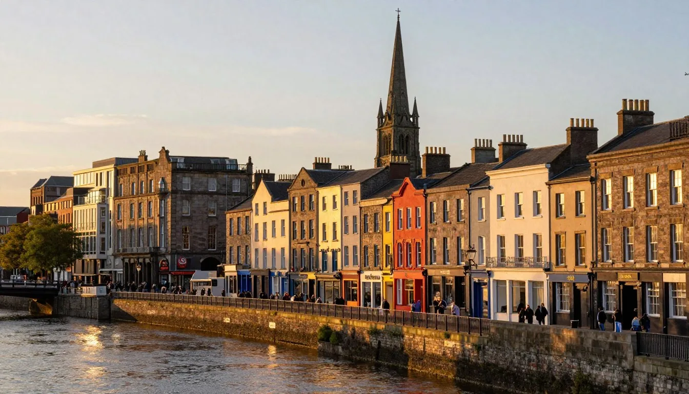 Cork city center with colorful Georgian buildings along River Lee at sunset