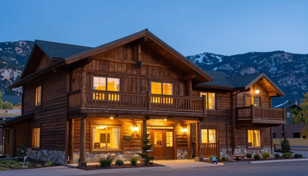 Cozy Colorado mountain lodge accommodation with warm lighting Cozy Colorado mountain lodge accommodation with warm lighting