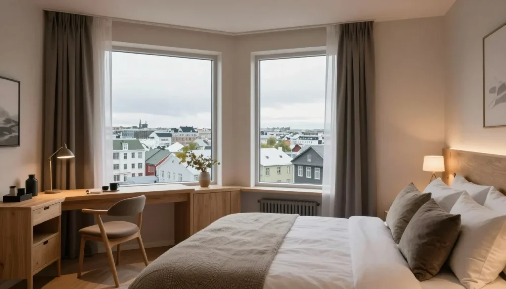 Cozy Icelandic guesthouse interior with Nordic design and warm lighting