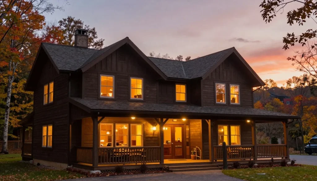Cozy Tennessee mountain lodge exterior at sunset Cozy Tennessee mountain lodge exterior at sunset