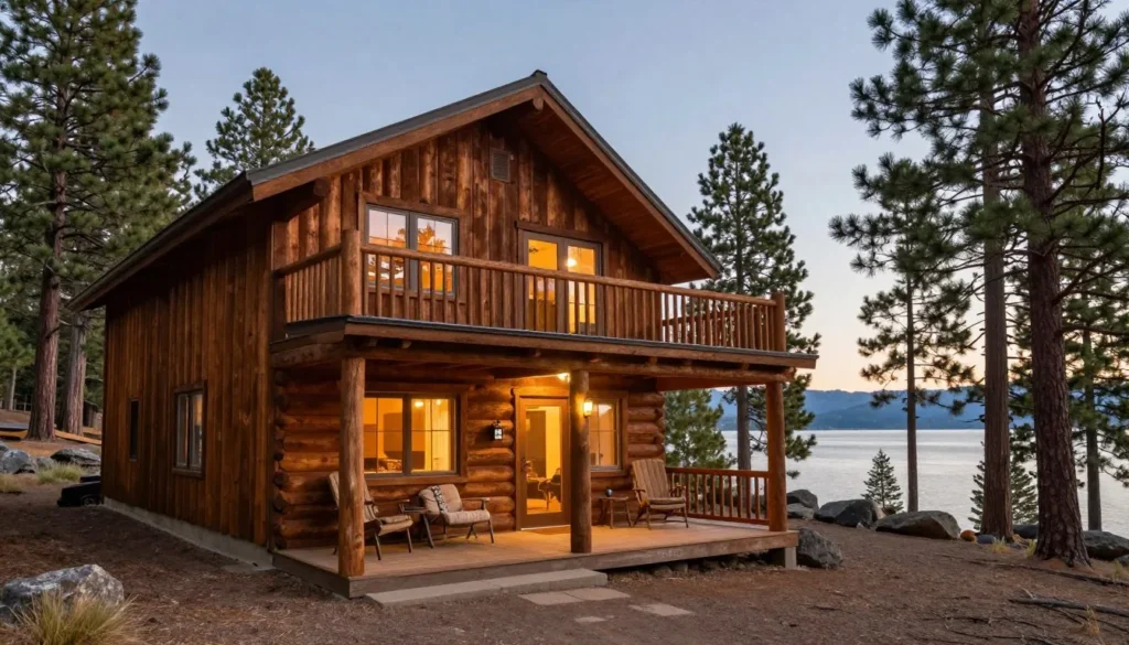 Cozy cabin accommodation near Lake Tahoe surrounded by pine trees