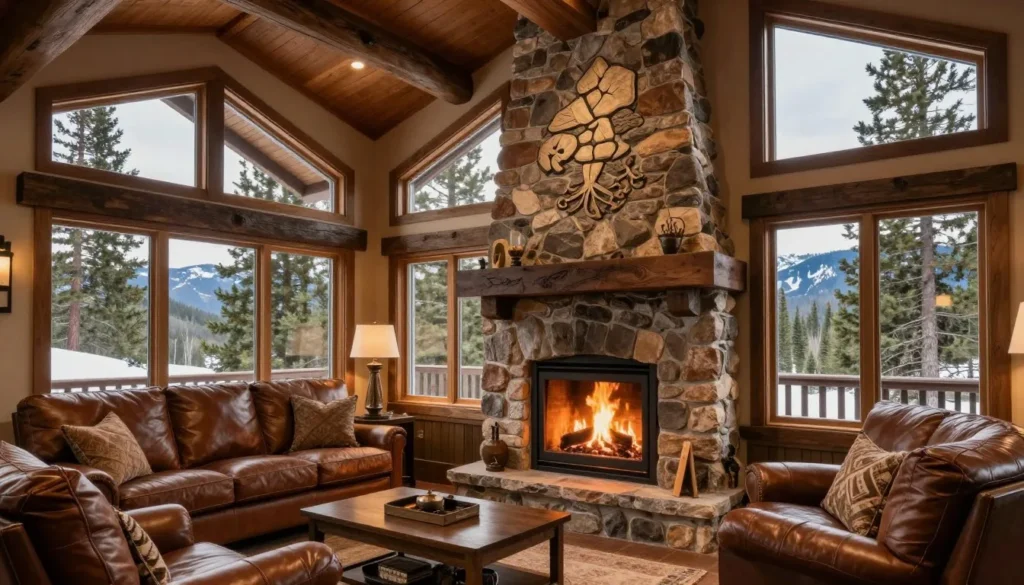 Cozy cabin interior with stone fireplace and large windows showing Sierra Nevada forest view Cozy cabin interior with stone fireplace and large windows showing Sierra Nevada forest view