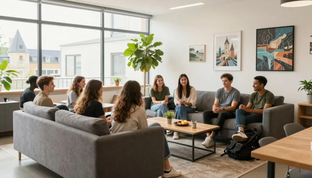 Cozy hostel common area in Luxembourg City with international travelers socializing