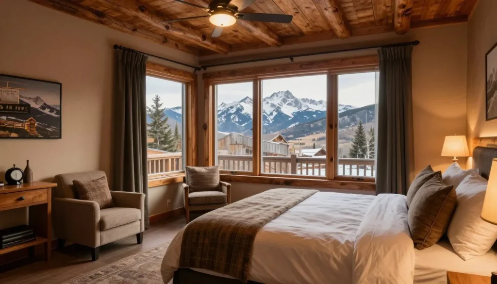 Cozy lodge bedroom interior with mountain view window in Manitou Springs Colorado featuring rustic wooden furniture and comfortable bedding