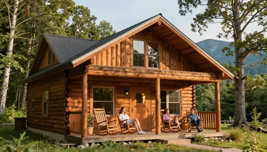 Cozy mountain cabin accommodation with front porch and forest surroundings Cozy mountain cabin accommodation with front porch and forest surroundings