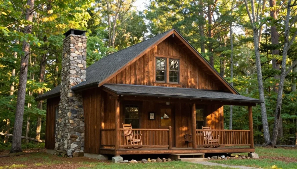 Cozy mountain cabin exterior in North Carolina Blue Ridge Mountains surrounded by forest Cozy mountain cabin exterior in North Carolina Blue Ridge Mountains surrounded by forest