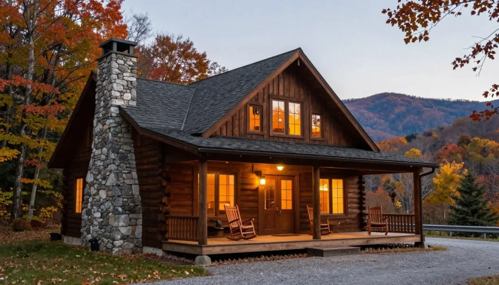 Cozy mountain cabin rental nestled among trees with front porch and mountain views Cozy mountain cabin rental nestled among trees with front porch and mountain views