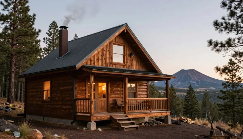 Cozy mountain cabin with volcanic peaks visible in background Cozy mountain cabin with volcanic peaks visible in background