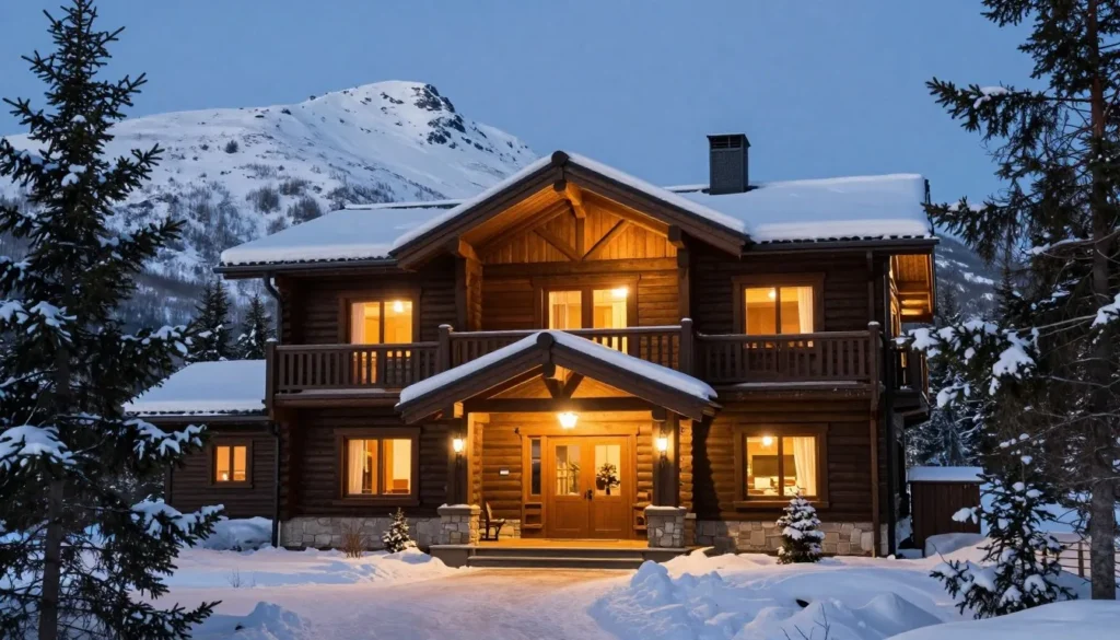 Cozy mountain lodge accommodation near Nordic Valley with snow-covered exterior and warm interior lighting