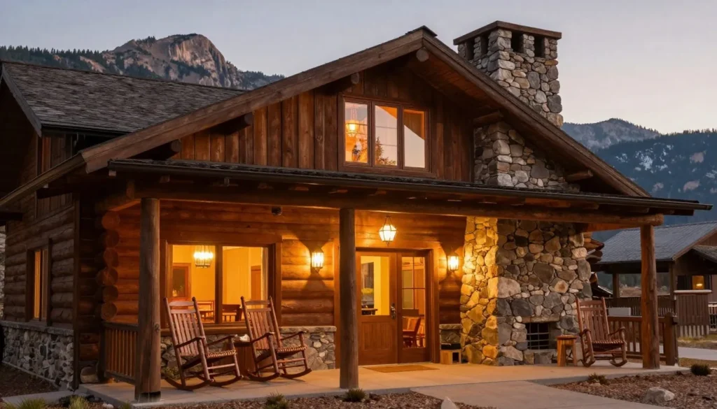 Cozy mountain lodge exterior in Colorado with wooden architecture, covered porch, and mountain views at sunset Cozy mountain lodge exterior in Colorado with wooden architecture, covered porch, and mountain views at sunset
