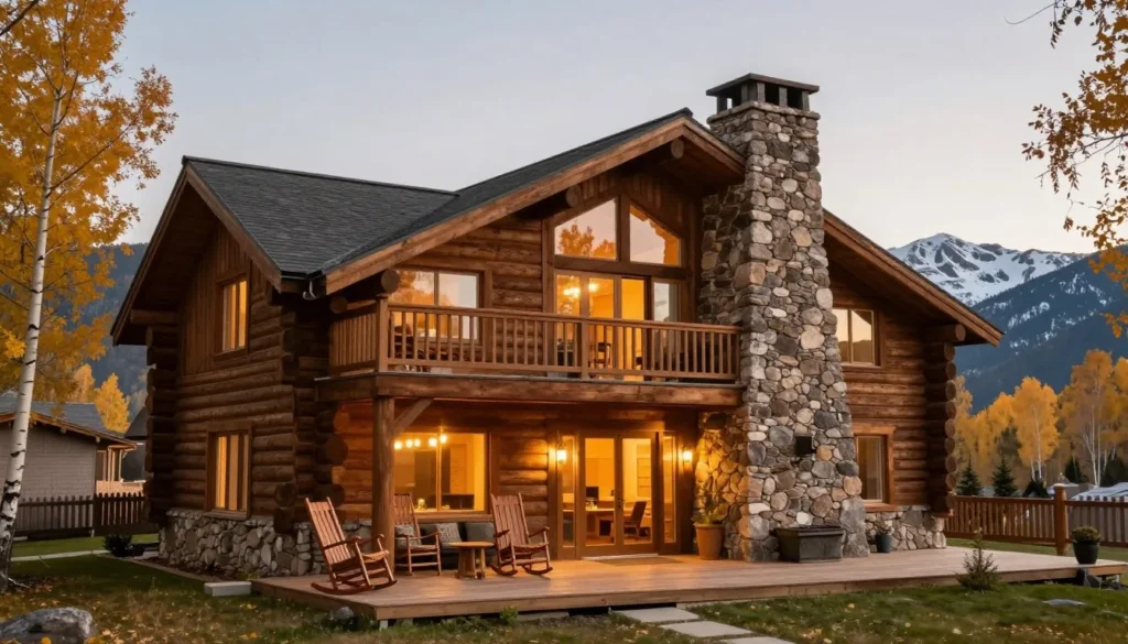 Cozy mountain lodge exterior with wooden architecture and Colorado peaks behind Cozy mountain lodge exterior with wooden architecture and Colorado peaks behind
