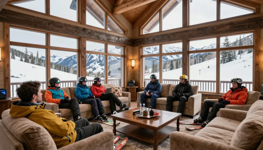 Cozy mountain lodge interior with skiers relaxing by fireplace Cozy mountain lodge interior with skiers relaxing by fireplace