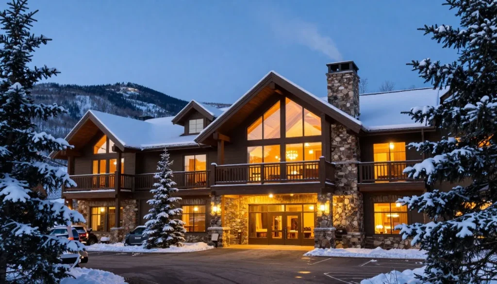 Cozy mountain lodge near Cataloochee with snow-covered roof and warm lights Cozy mountain lodge near Cataloochee with snow-covered roof and warm lights