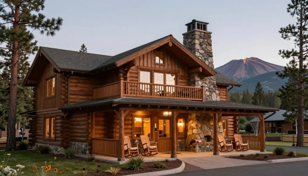 Cozy mountain lodge with volcanic peaks in background Cozy mountain lodge with volcanic peaks in background