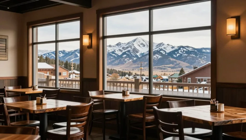 Cozy restaurant interior with mountain view