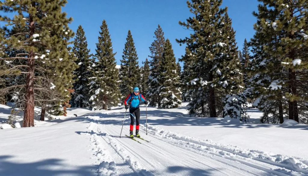 Cross country skier on snowy trail through pine forest
