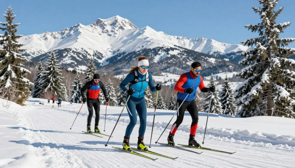 Cross-country skiers on groomed trail with mountain view Cross-country skiers on groomed trail with mountain view