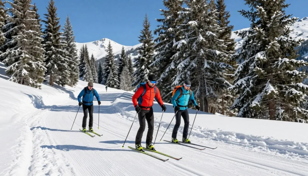 Cross-country skiers on groomed trails at Vail Pass winter recreation area Cross-country skiers on groomed trails at Vail Pass winter recreation area