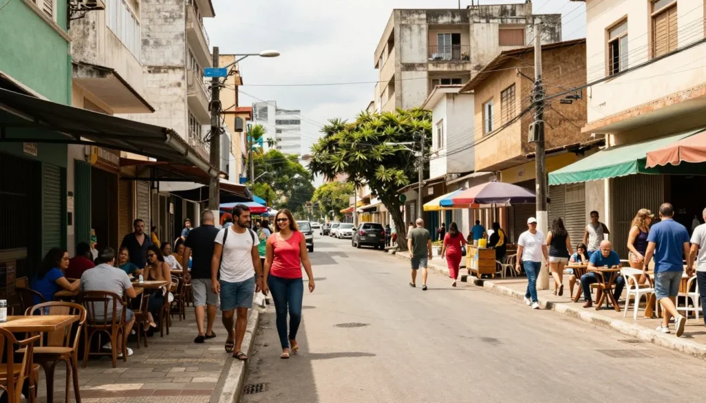 Crowded safe neighborhood street scene during daytime