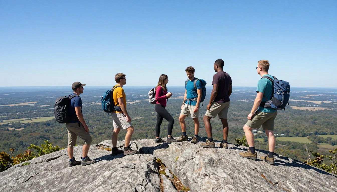 Crowders-Mountain-State-Park-rocky-summit-with-hikers-enjoying-panoramic-views Crowders Mountain State Park rocky summit with hikers enjoying panoramic views