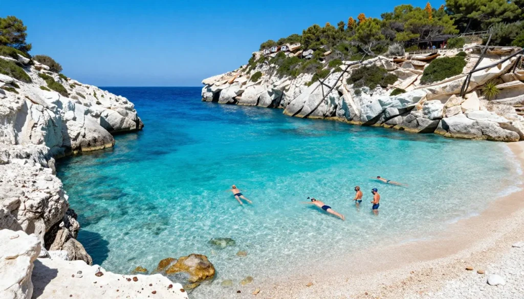 Crystal clear Mediterranean cove with turquoise water and white limestone cliffs