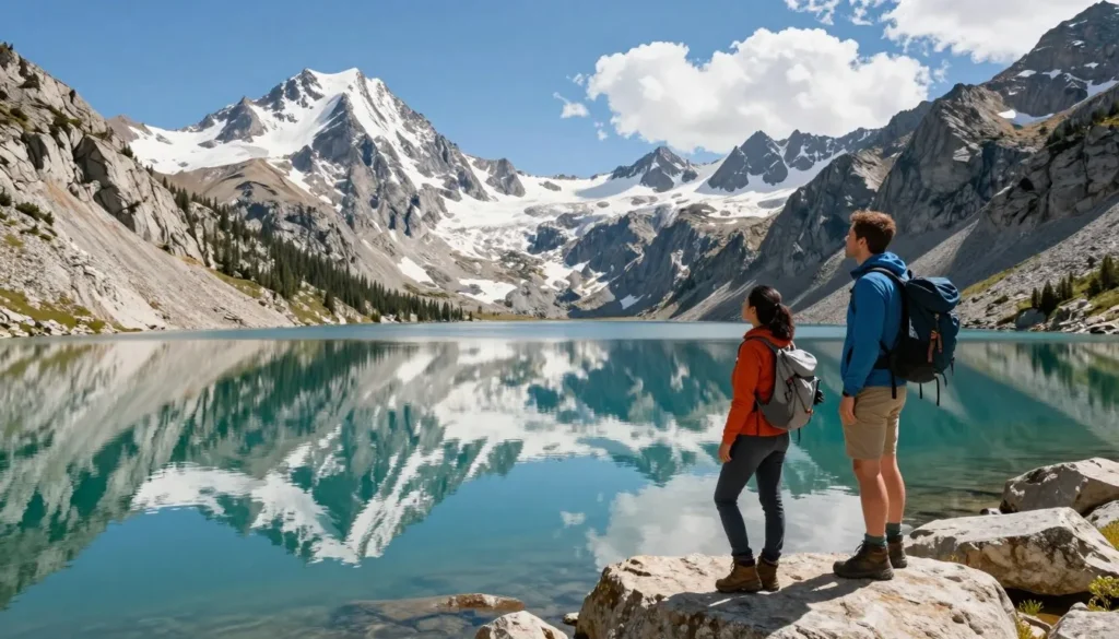 Crystal clear alpine lake reflecting Sierra Nevada peaks with diverse hikers on shoreline Crystal clear alpine lake reflecting Sierra Nevada peaks with diverse hikers on shoreline