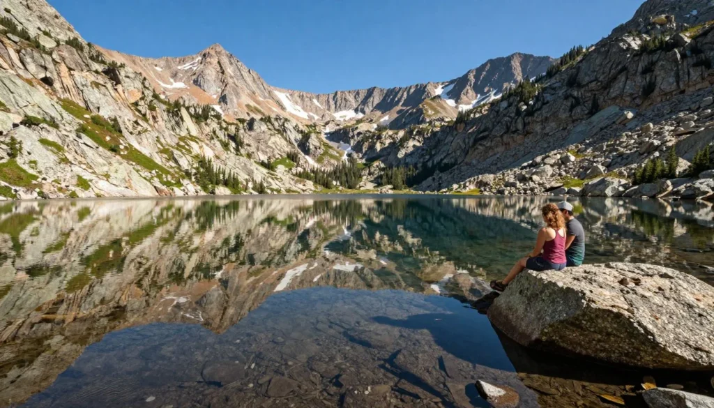Crystal clear alpine lake reflecting mountain peaks with rocky shoreline