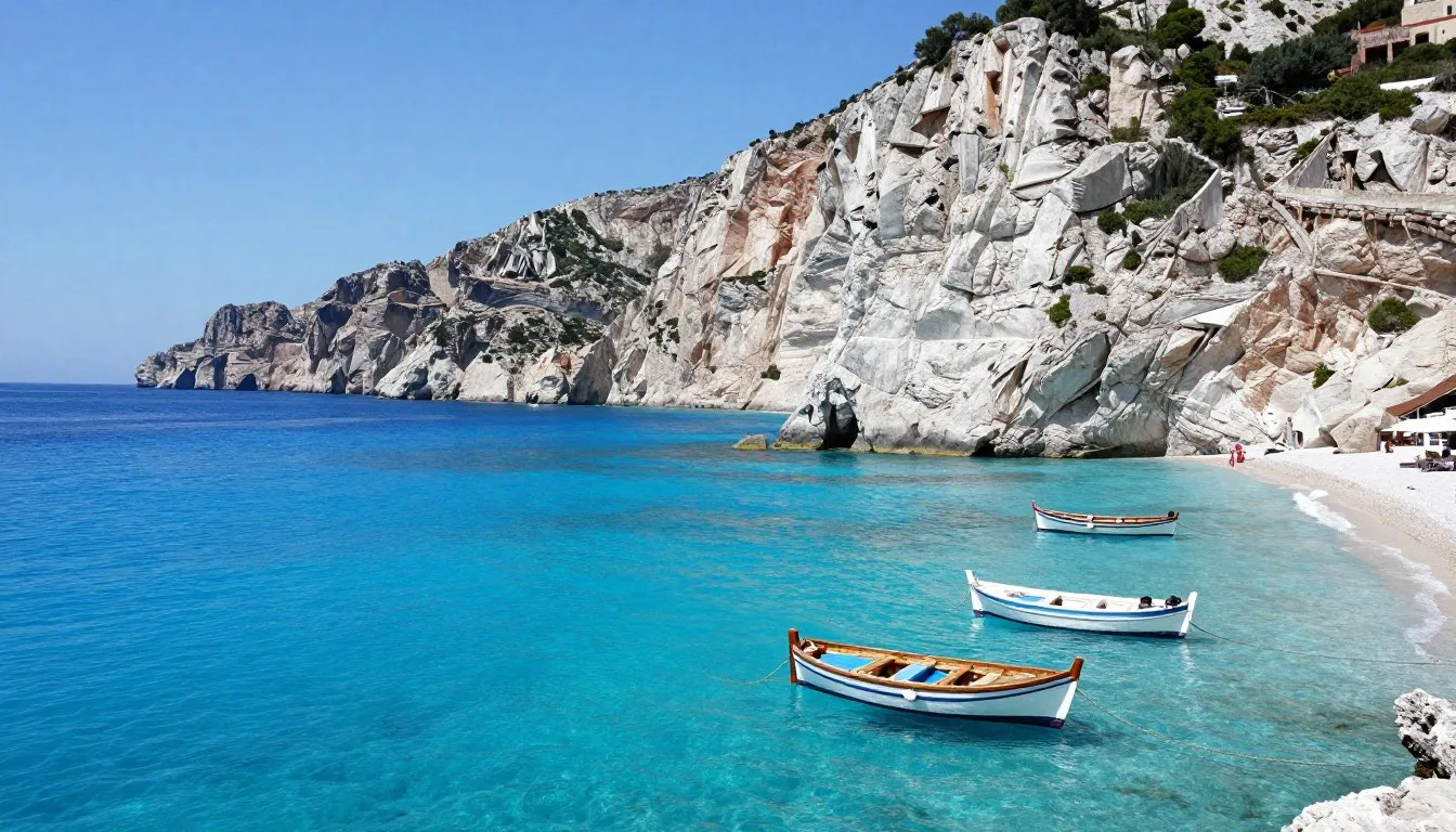 Crystal clear turquoise waters and dramatic coastal cliffs of the Aegadian Islands with traditional boats moored in a secluded cove
