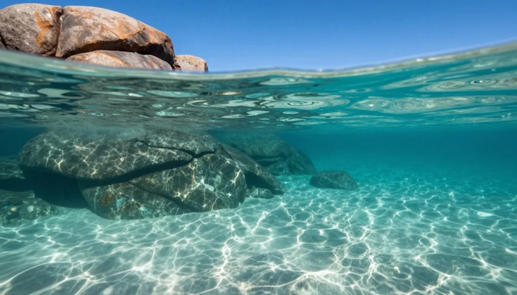 Crystal clear water at Sand Harbor with visible granite boulders underwater
