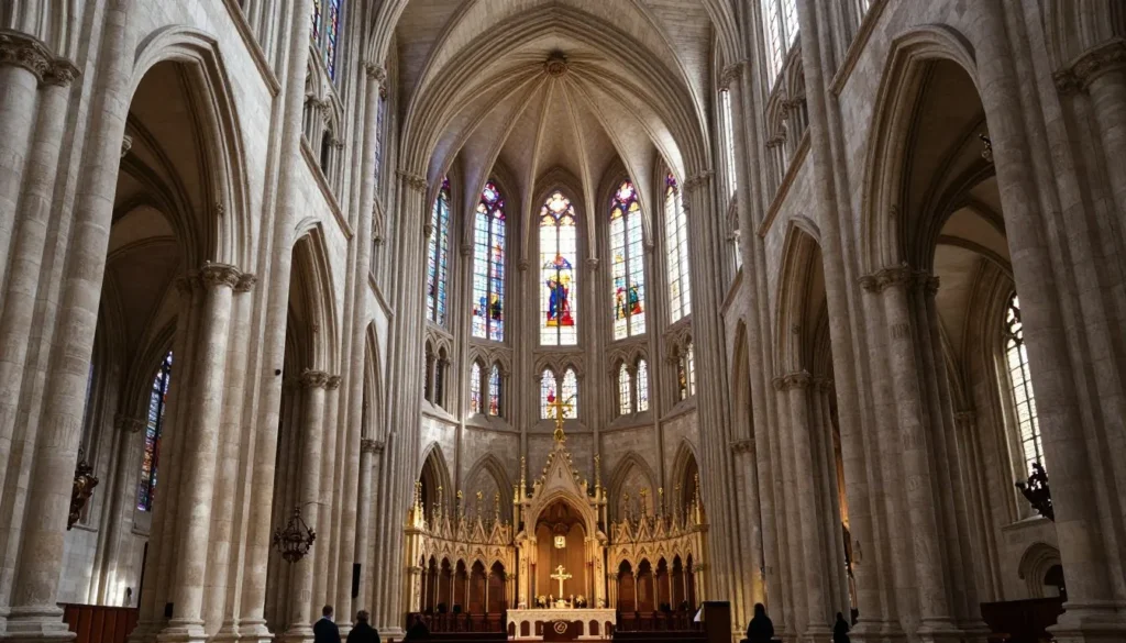 Cuenca Cathedral's Gothic interior with soaring arches and stained glass windows