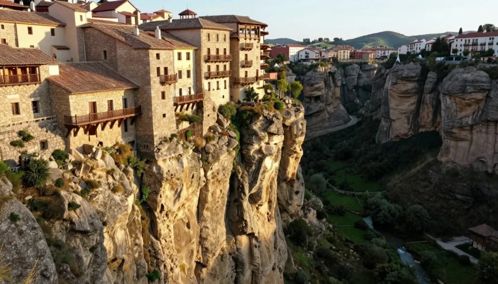 Cuenca's famous hanging houses viewed from across the Huécar gorge in afternoon light