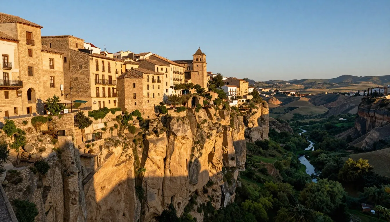 Cuenca's hanging houses perched dramatically on cliff edges above the Huécar River gorge at sunset