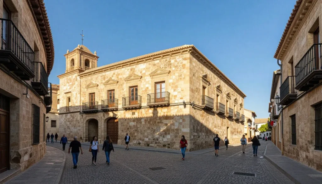 Cuenca's medieval old town with stone buildings and narrow cobblestone streets under bright sunshine