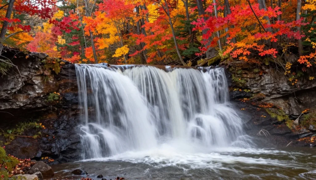 Cullasaja Falls with autumn foliage colors reflecting vibrant fall season Cullasaja Falls with autumn foliage colors reflecting vibrant fall season