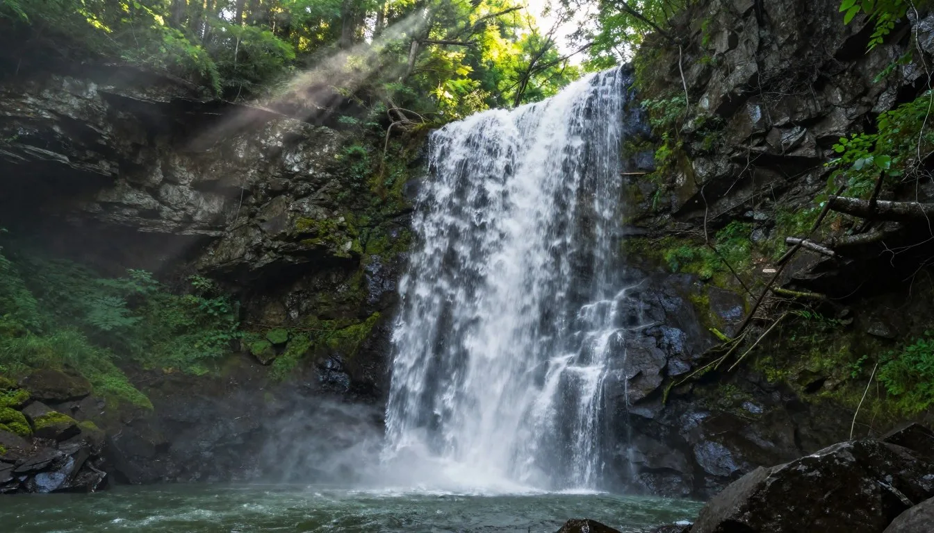 Cullasaja-Gorge-waterfall-cascading-through-lush-green-forest-in-North-Carolina Cullasaja Gorge waterfall cascading through lush green forest in North Carolina