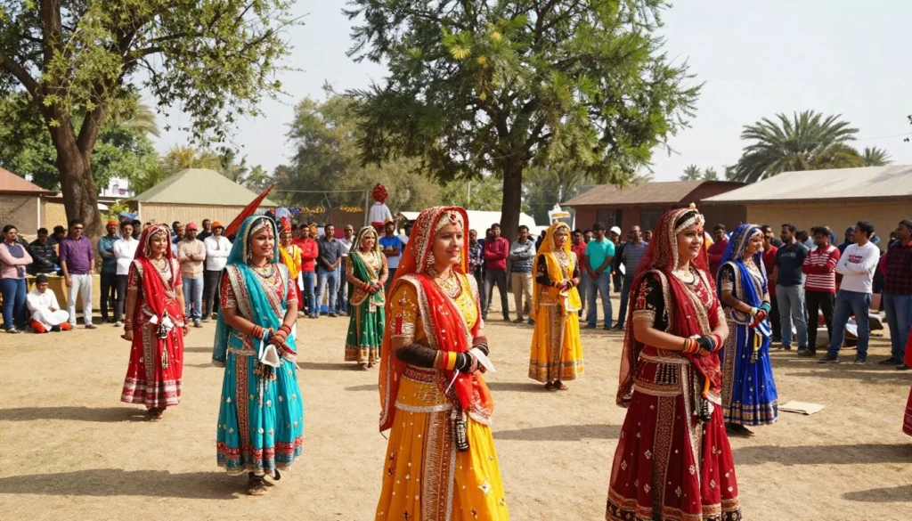 Cultural festival celebration near Ranthambore with traditional Rajasthani performers and diverse audience