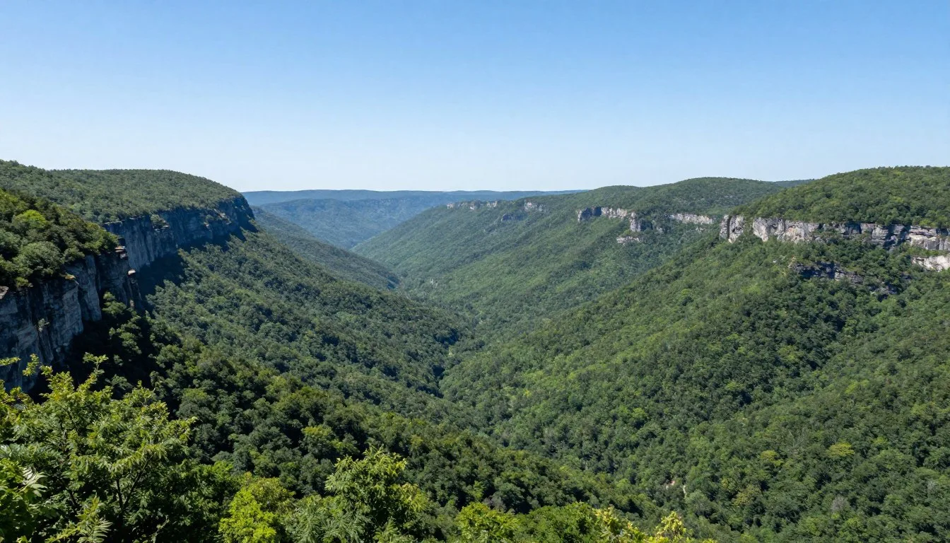 Cumberland-Gap-Tennessee-scenic-mountain-overlook-with-forest-valleys-stretching-into-distance Cumberland Gap Tennessee scenic mountain overlook with forest valleys stretching into distance